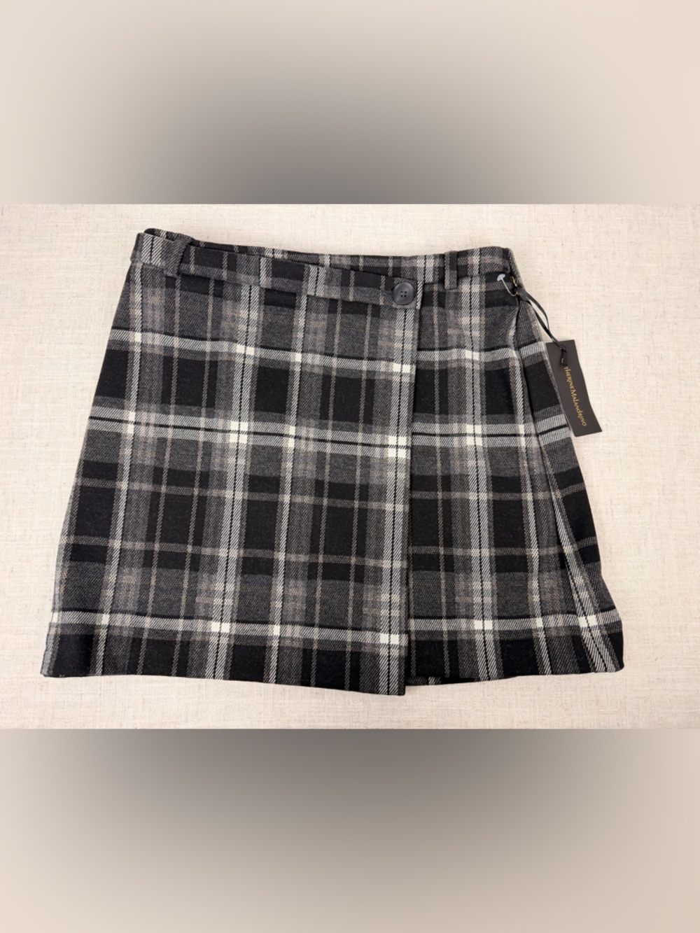 Catherine Malandrino Black and Gray Plaid Wool Mini Skirt